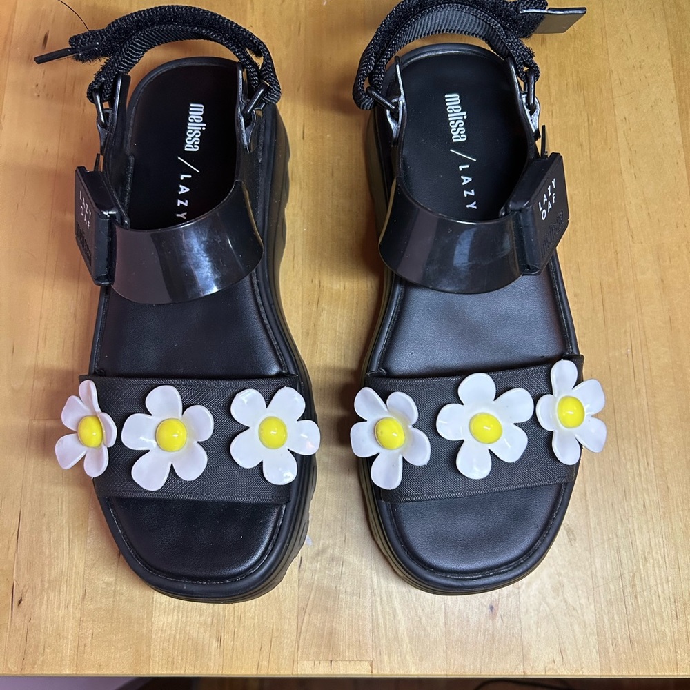 Melissa + Lazy Oaf Women's Black Floral Sandals. Size 8, EUR 39
